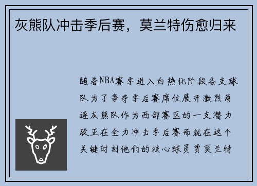 灰熊队冲击季后赛，莫兰特伤愈归来