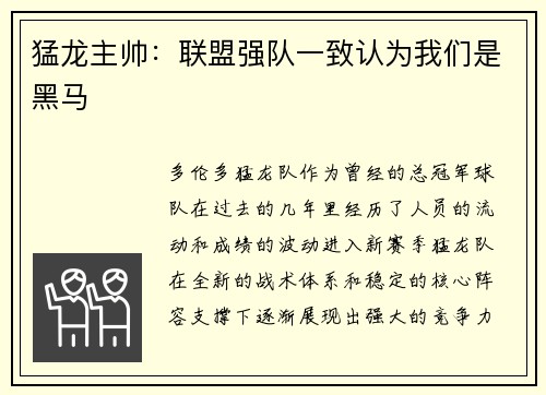 猛龙主帅：联盟强队一致认为我们是黑马